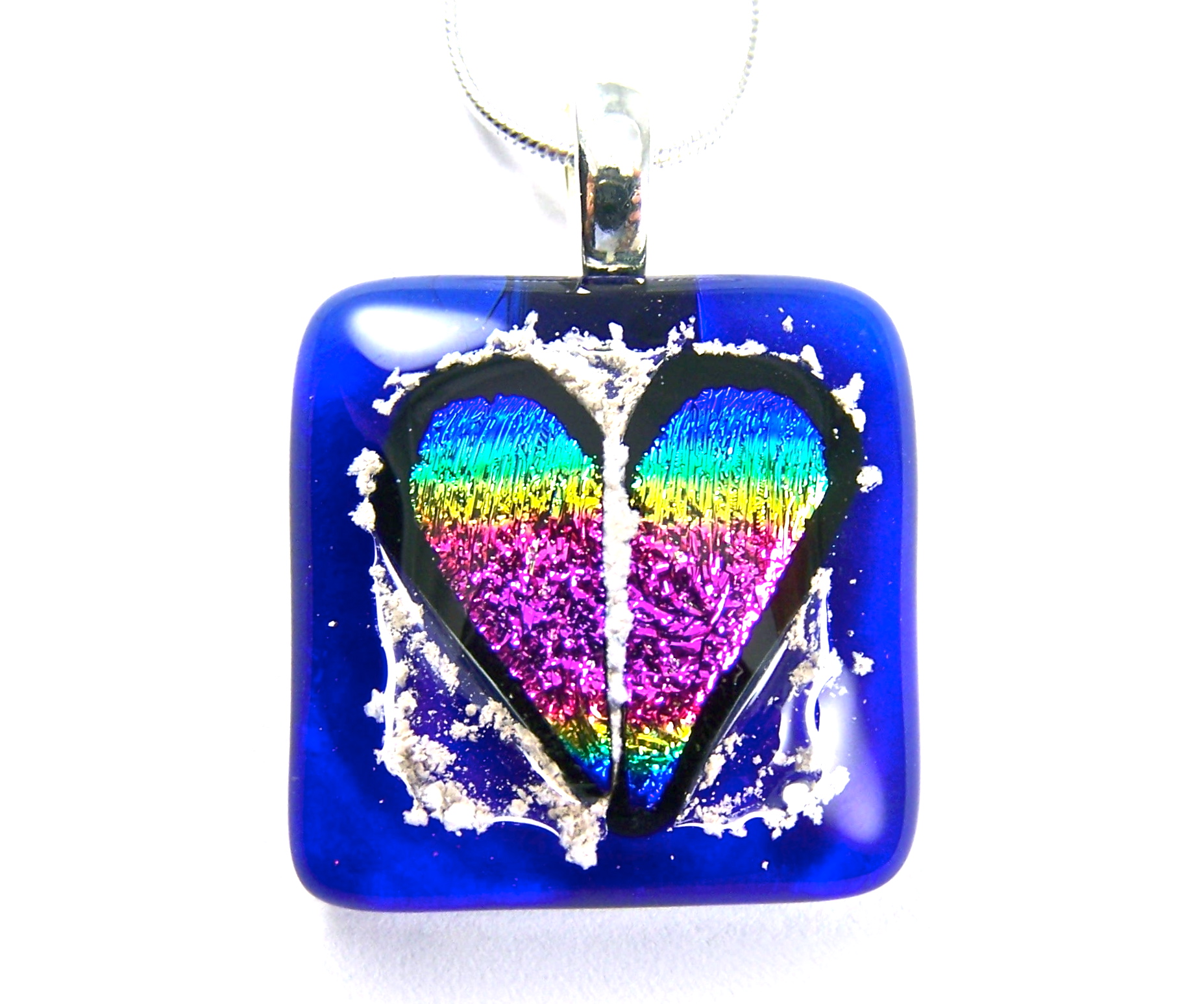 Memorial Cremation Ashes Pendant – Pink Rainbow Heart on Cobalt Blue Stained Glass