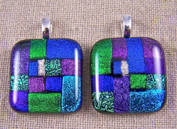 Dichroic Pendant Cremation Jewelry Blue Green Purple Fused Glass Custom Made 1" / 25mm