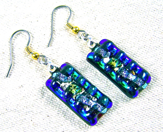 Memorial Cremation Earrings - Chunky Rectangle Dangle – Silver, Green , Gold Dichroic Glass