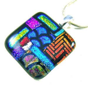 Dichroic Glass Ashes Memorial Pendant / Cremation Jewelry – Patterned Patchwork Color Block Design