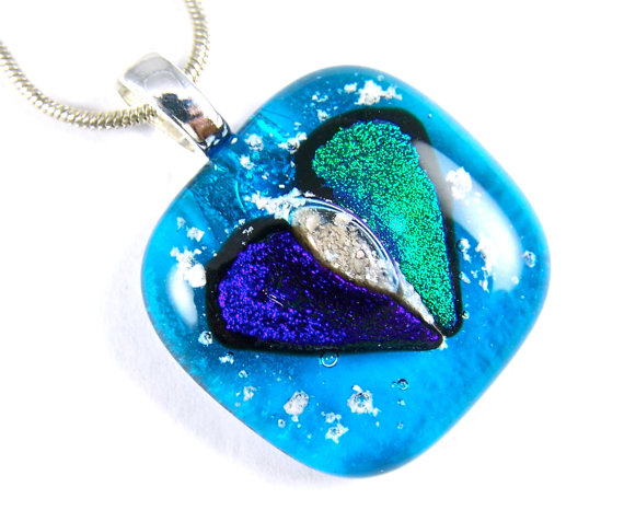 Heart Memorial Cremation Ashes Pendant Cobalt and Teal Green on Turquoise Blue Stained Glass