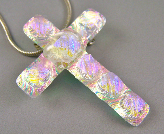 Cremation Ashes Jewelry CROSS Layered Clear Diamonds Dichroic Glass Opal Pink Blue Accents Memorial Pendant