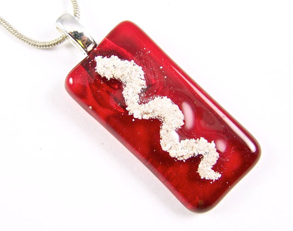 Pet Cremation Jewelry Ashes Memorial Pendant Key Chain Serpentine Squiggle Snake Ruby Red Stained Glass