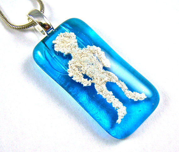 Memorial Cremation Stick Figure on Stained Glass Window Turquoise Blue Fused Glass Pendant