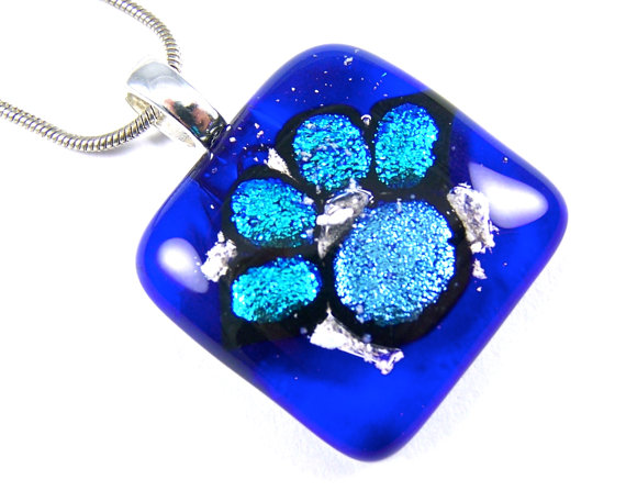 Dog Memorial Cremation Ashes Pendant or Key Chain– Blue Paw Print Dichroic Glass / Stained Glass