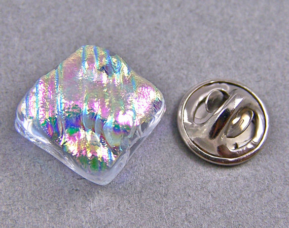 Memorial Tie Tack Flair Pin / Cremation Ashes Jewelry - Clear Opal Pink Ripple Dichroic Fused Glass