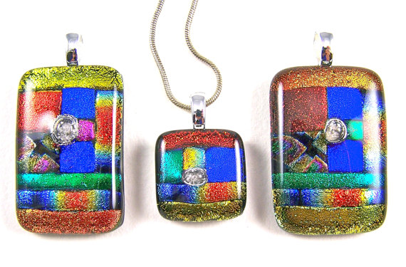 Dichroic Glass Memorial Pendant / Cremation Jewelry – Patchwork Color Block Design – Fall Colors