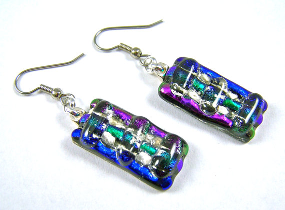 Memorial Cremation Ashes Earrings – Chunky Rectangle Dangle – Blue, Green and Purple Dichroic Glass