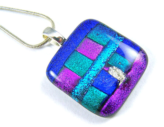 Dichroic Pendant / Cremation Jewelry - Blue Green Purple Fused Glass - Custom Made - 1" / 25mm