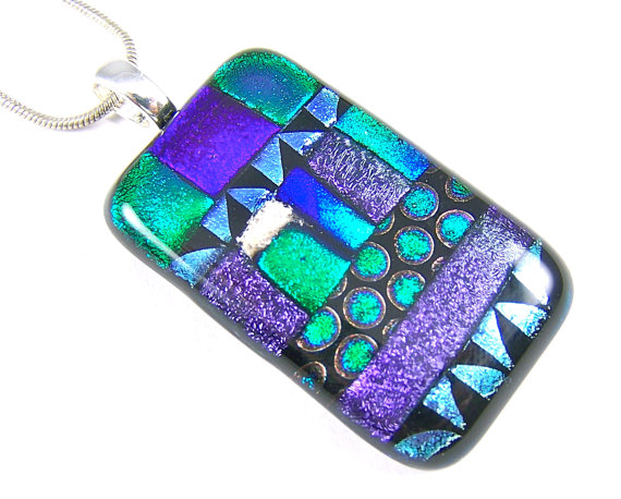 Memorial Cremation Pendant Blue Green Purple Patterned Patchwork Dichroic Glass