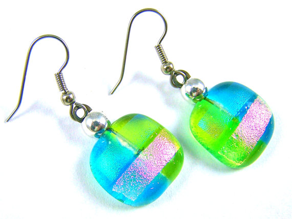 Memorial Cremation Ashes Earrings Blue Green Pink Dangle Rock Drop Dichroic Glass