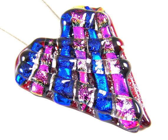 Heart Memorial Cremation Ashes Pendant Blue Magenta Pink Dichroic Glass Red Stained Glass