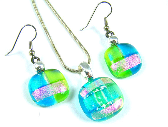 Memorial Cremation Ashes Dangle Earrings Pendant Set Blue, Green Pink Rock Drop Dichroic Glass