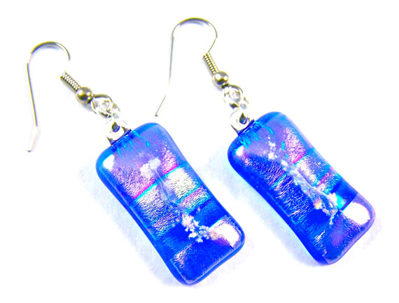 Memorial Cremation Ashes Dangle Earrings Blue Purple Dichroic Glass Tie Dye Candy Design