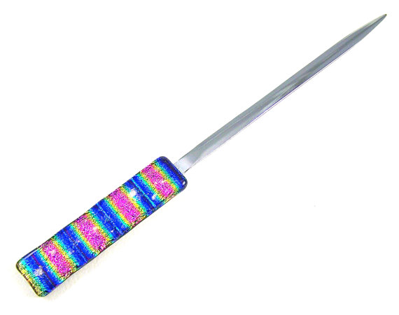 Dichroic Glass Cremation Ashes Letter Opener Memorial Desk Accessories Pink Blue Rainbow Tie Dye Fused Glass