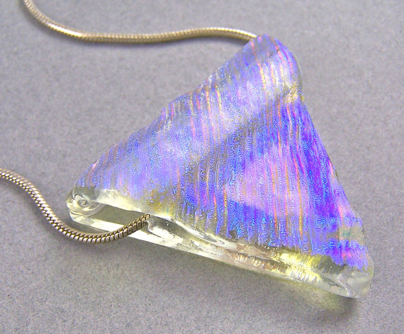 Purple and Green Diamond Ripple Texture Dichroic Fused Glass Pendant