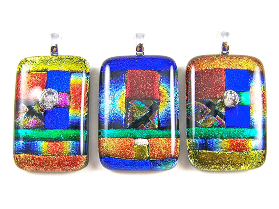 Dichroic Glass Memorial Pendant / Cremation Ashes Jewelry Gold Copper Green Patchwork Color Block Design Fall Multi-Color