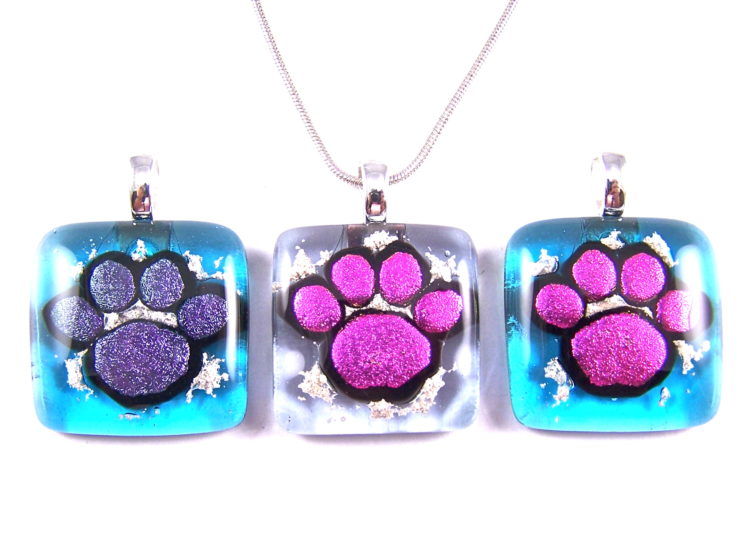 Dog Paw Print Memorial Cremation Ashes Pendant Pink Purple Blue Dichroic Glass Stained Glass Key Chain
