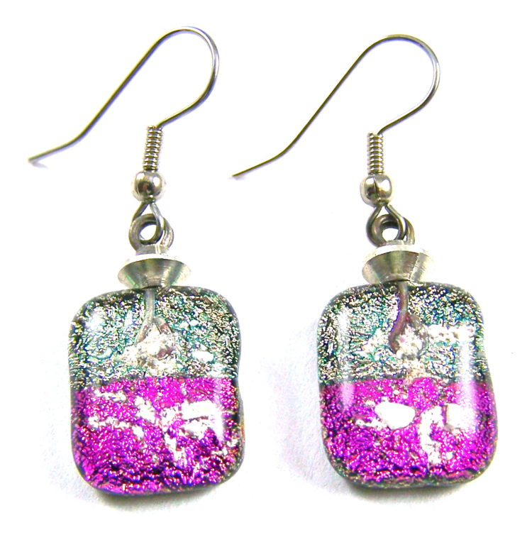 Memorial Cremation Earrings Pink Magenta Dichroic Glass Beaded Drop - Dangle Surgical Steel Wire