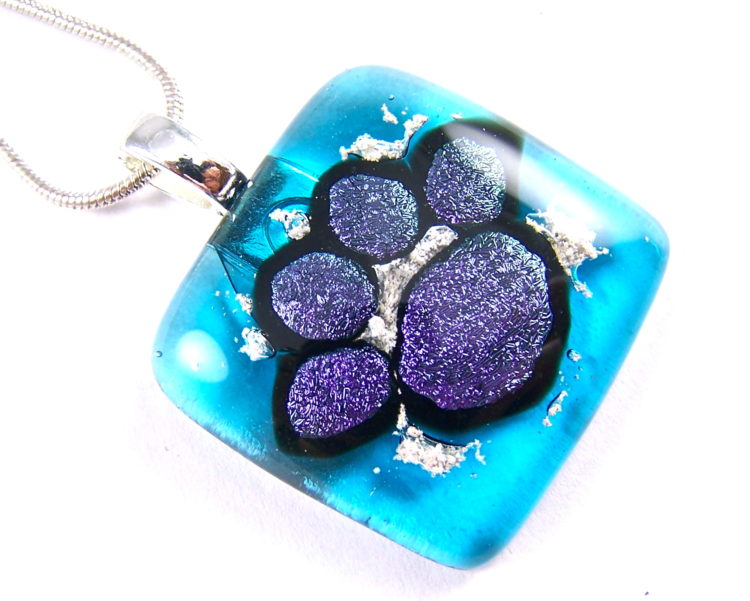 Dog Paw Print Memorial Cremation Ashes Pendant Purple Dichroic Glass Turquoise Stained Glass