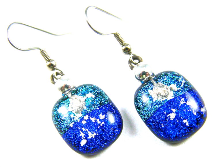 Memorial Cremation Earrings Blue Teal Dichroic Glass Beaded Drop – Dangle Surgical Steel Wire