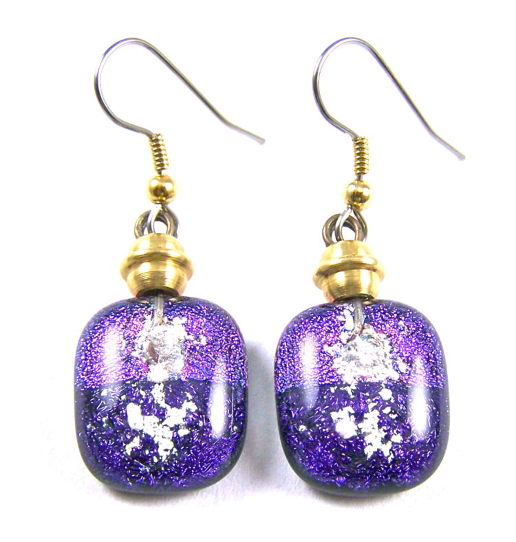 Memorial Cremation Earrings Purple Pink Dichroic Glass Beaded Drop Dangle Surgical Steel Wire