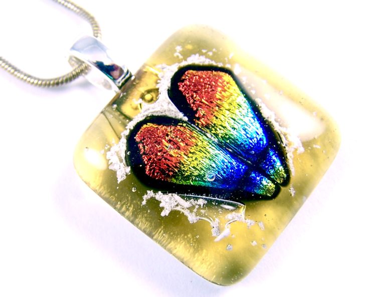 Heart Memorial Cremation Ashes Pendant Copper Orange Dichroic Amber Stained Glass